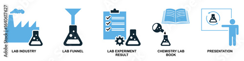 Set laboratory icon vector for scientific research, academic education, and medical testing. Ideal for illustrating chemistry, biology, and physics concepts with a comprehensive and cohesive design.