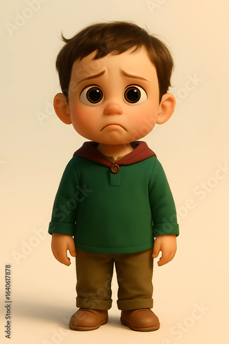 3D cartoon child with teary eyes and frown, chin trembling slightly