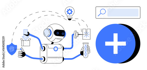Robot using multiple arms to manage tasks thumbs up testing, innovation, and data entry. Ideal for technology, artificial intelligence, robotics, healthcare, innovation, research and a simple