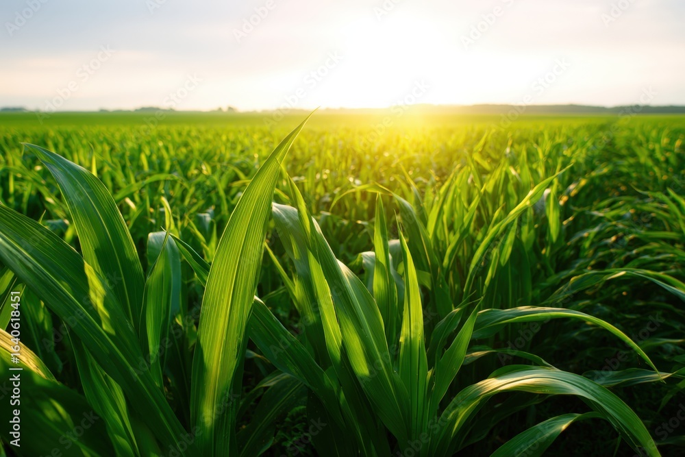 Fototapeta premium Vibrant Green Cornfield at Sunrise: Agricultural Landscape with Golden Light Illuminating Crops