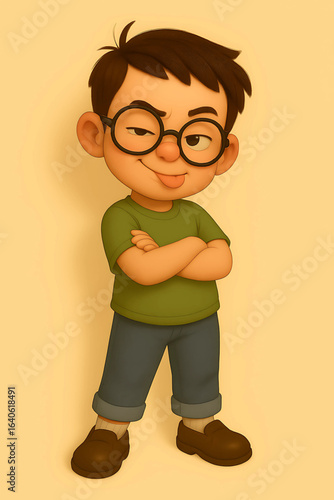 3D cartoon little boy with crooked glasses and smirk, mischievous look