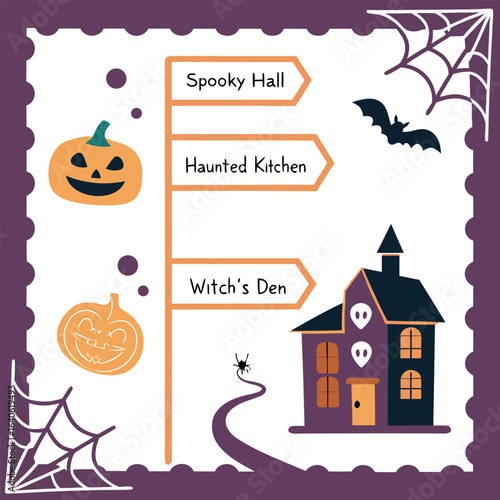 A whimsical halloween scene featuring a directional signpost pointing to spooky hall haunted kitchen and witch s den accompanied by pumpkins a bat and a haunted house