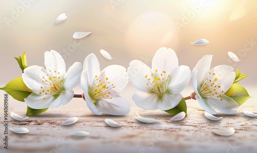 Delicate white flowers with floating petals on textured surface bloom beauty