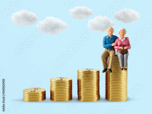 A happy senior couple sits on a growing stack of golden coins, symbolizing successful financial planning and a comfortable retirement.