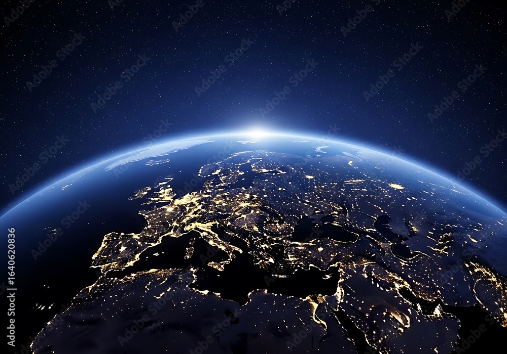 Naklejka premium Earth from space showing europe at night with sunrise glow