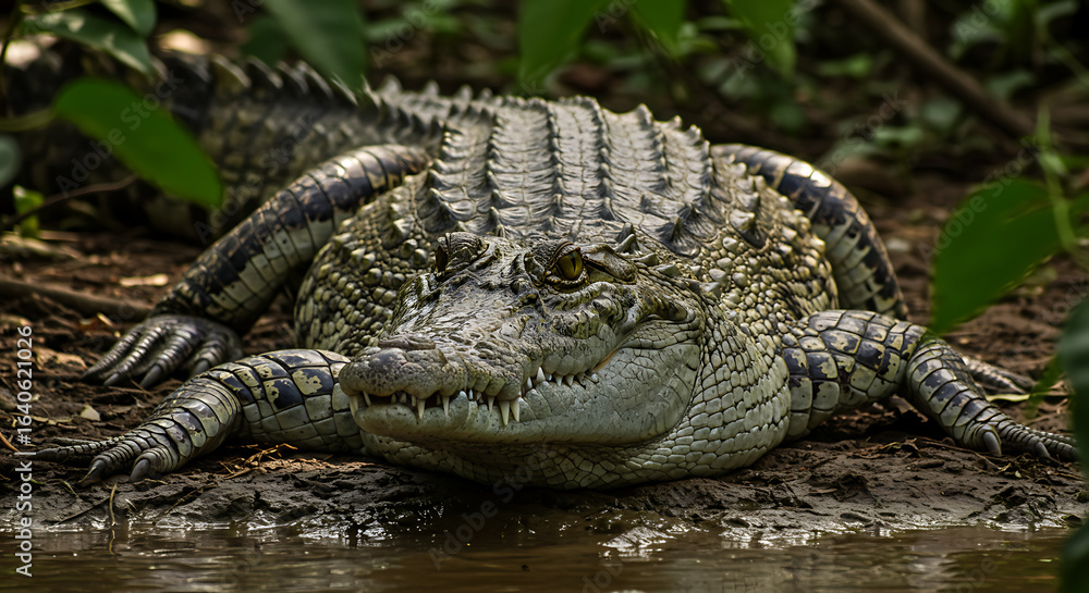 Obraz premium Crocodile Resting By The Water Amid Green Foliage
