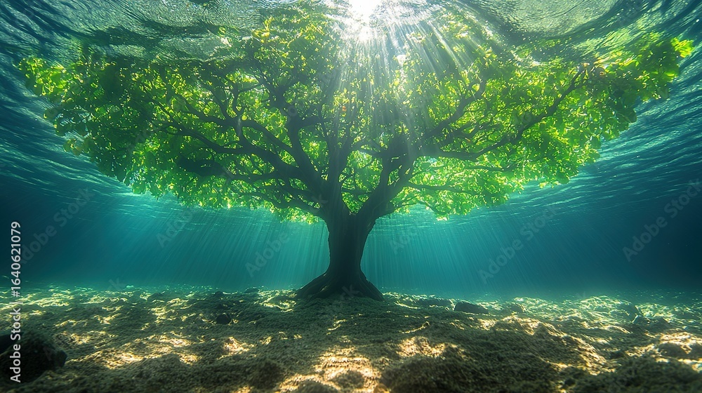 Obraz premium Tree grows underwater with sun rays shining through the water surface.