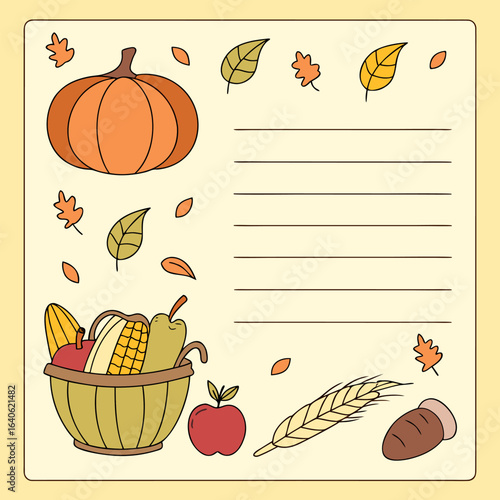 A charming hand drawn illustration of autumn harvest bounty featuring a pumpkin a basket of fruits and vegetables and scattered fall leaves perfect for seasonal notes