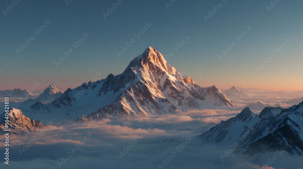 Obraz premium Majestic snow capped mountain peak above a sea of clouds at sunset Landscape