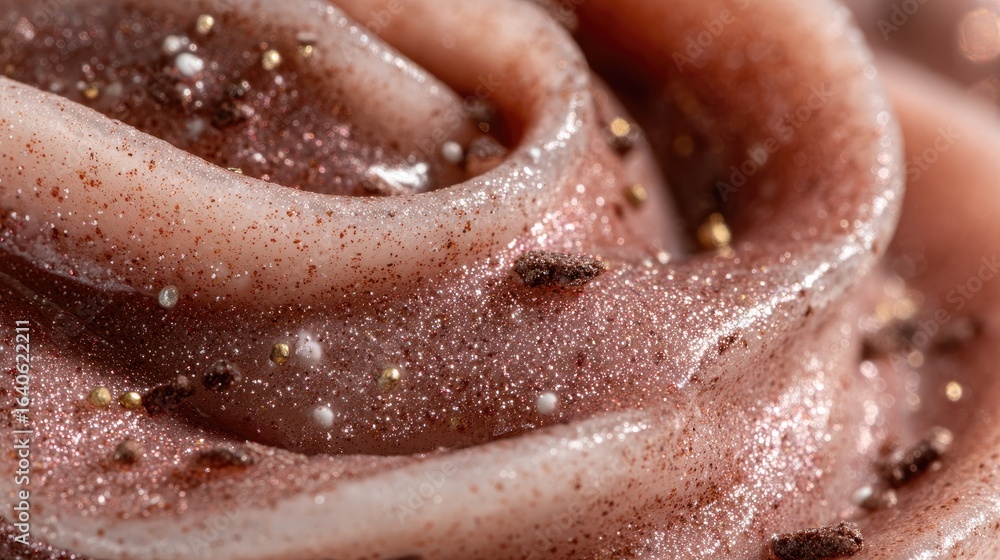 Fototapeta premium Close-up of swirled, textured, light-pink frosting with brown sprinkles and gold glitter