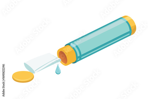 Cartoon illustration of a dropper bottle with liquid and a pill