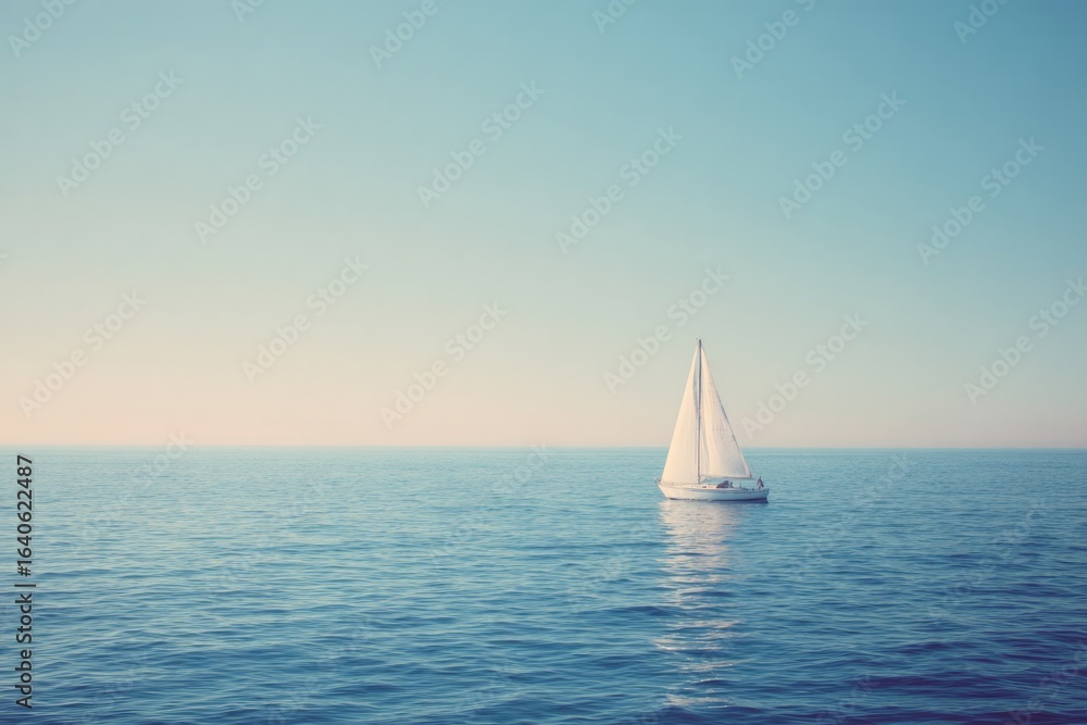 Fototapeta premium Sailboat gliding over calm waters under clear blue sky creates s