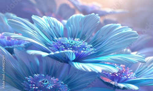 Dreamy floral close up light blue and purple flowers with soft focus