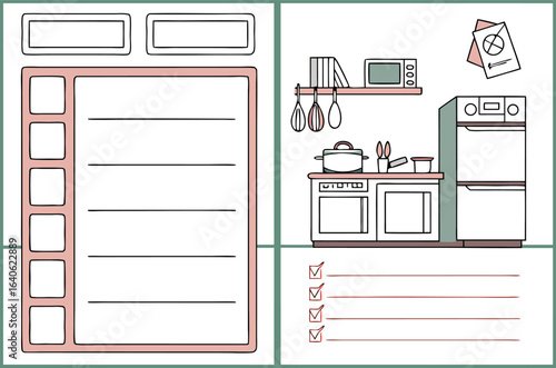 A charming doodle style planner layout featuring a kitchen scene and a to do list with checkboxes perfect for organizing daily tasks and meal planning