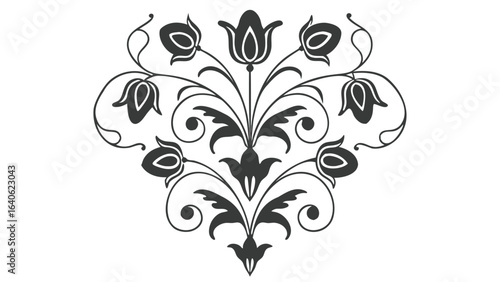 Floral design with stylized blossoms and swirling vines in black and white symmetrical arrangement artful style