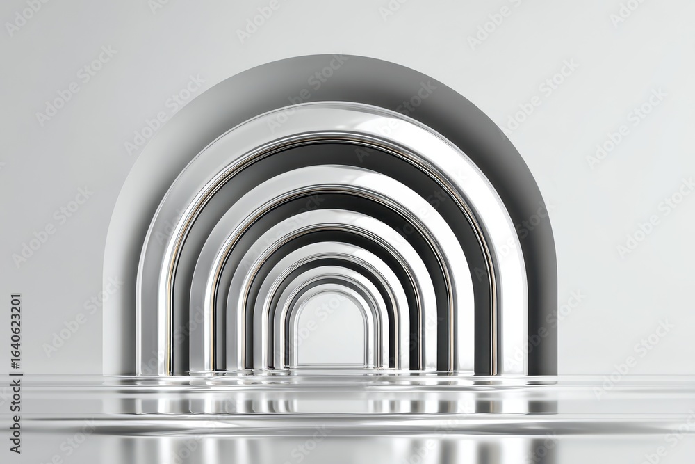 Fototapeta premium Abstract minimal architecture showcasing metallic arches reflecting in a serene environment with smooth surfaces