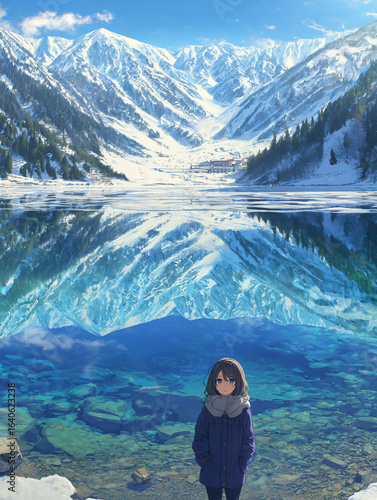 Mountain Lake Reflection Snow Girl Tranquil Winter Landscape Adventure Sky Outdoor Photography Vibrant Horizon Wilderness Remote Hiking Water Serene Sunlight Chilly Travel Environment Beautiful