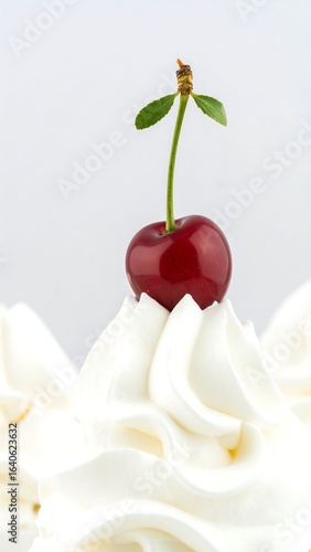 Close-up of a cherry atop whipped cream