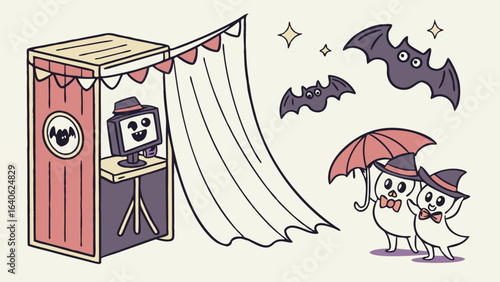 Cute halloween characters including ghosts bats and a photo booth with a friendly computer screen ready for a spooky celebration