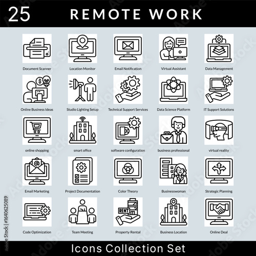 Remote Work icon set collection in outline style. an icon pack contain document scanner, location monitor, email notification, virtual assistant, data management