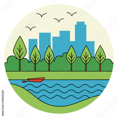 Vector scene riverfront restoration in city