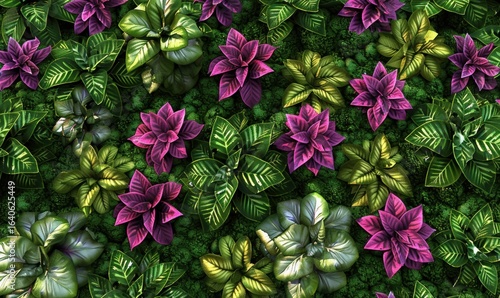Floral arrangement of pink blossoms and green leaves overhead abstract view