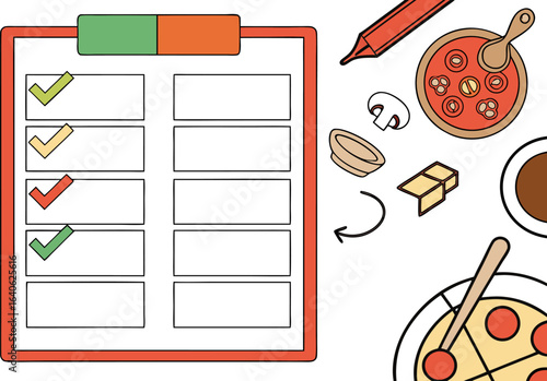 Checklist with pizza and ingredients representing a to do list for meal planning or grocery shopping with a marker and various food items