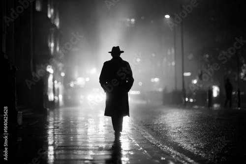 Mysterious man in fedora walks down foggy city street at night