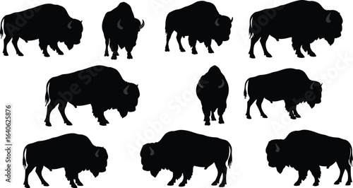 Collection of nine black silhouettes of powerful American bison, showcasing their strong and iconic posture, perfect for wildlife and nature-themed projects.