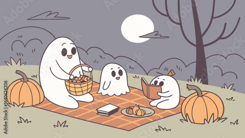 Three friendly ghosts enjoy a cozy autumn picnic under the moonlight with pumpkins and a basket of treats creating a charming halloween scene