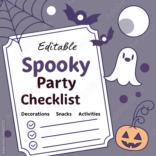 Editable spooky party checklist for halloween decorations snacks and activities with cute bats ghost pumpkin and spiderweb