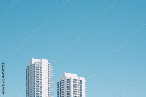 Tall modern buildings rise against clear blue sky creating strik