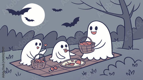 Three adorable cartoon ghosts enjoy a spooky halloween picnic under a full moon with bats flying in the night sky