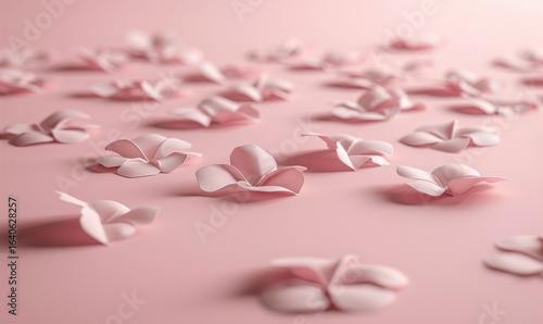 Gentle pink floral petals scattered across solid background for romantic themes