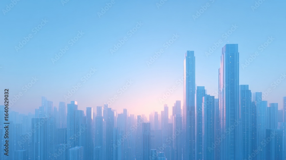 Fototapeta premium Skyline features towering skyscrapers bathed in soft blue and pi