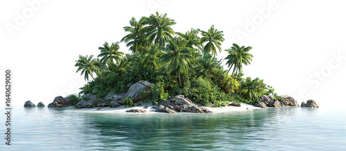 Fototapeta Naklejka Na Ścianę i Meble -  Tropical island with lush palm trees and rocks, isolated on transparent cutout background