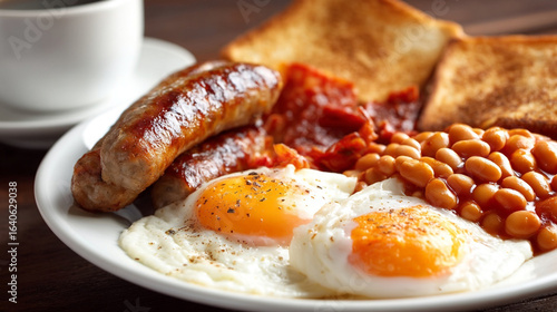 A full english breakfast with sausages, fried eggs, beans, bacon, and toast served on a plate