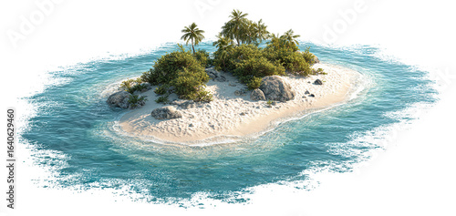 Tropical island with palm trees and beach, isolated on transparent cutout background