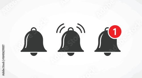 Vector illustration of three notification bells, one ringing and one with a new message badge