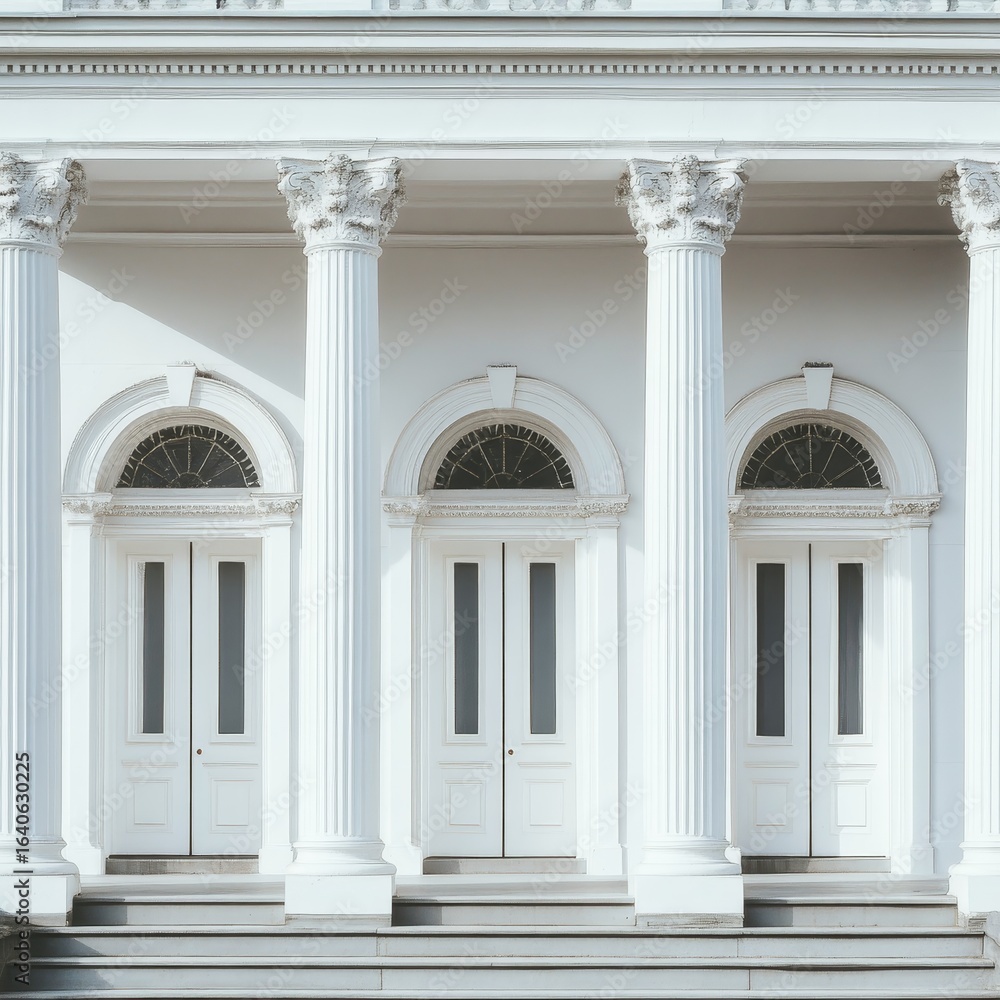 Obraz premium Old white building with fancy columns. It has three curved doorways. Simple picture. [da50b4bd-44b3-4d99-af11-8c2ce4040ea9] --v 6.1 Job ID: a0b121c8-e9dd-42d6-b5c6-087ff260621e