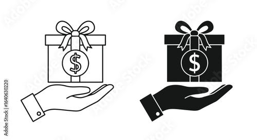 Vector illustration of hand holding gift box with dollar sign isolated on white background