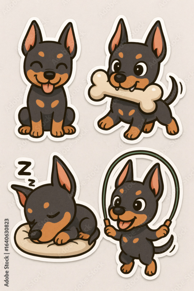Fototapeta premium Four illustrated puppies doing different activities in sticker form: sitting, carrying a bone, sleeping and jumping rope.