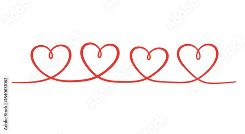 Vector illustration of red heart line art with four hearts isolated on white background