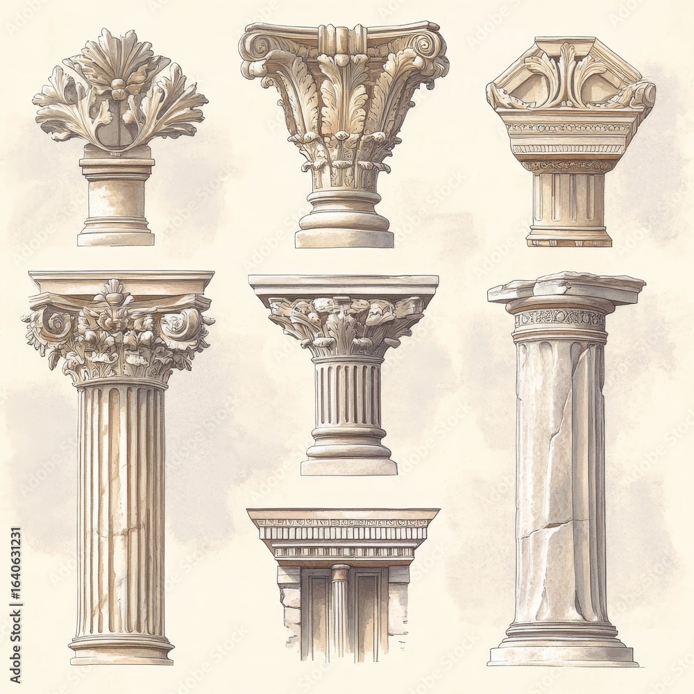 Obraz premium Posters show capitals and building styles from old Greek and Roman art. They look like marble or plaster sculptures. The drawings are simple, using soft, light colors. 