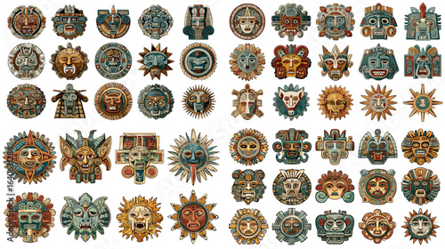 Colorful Aztec masks collection with traditional tribal designs, ancient Mesoamerican cultural art, mythology and symbolic ornaments.