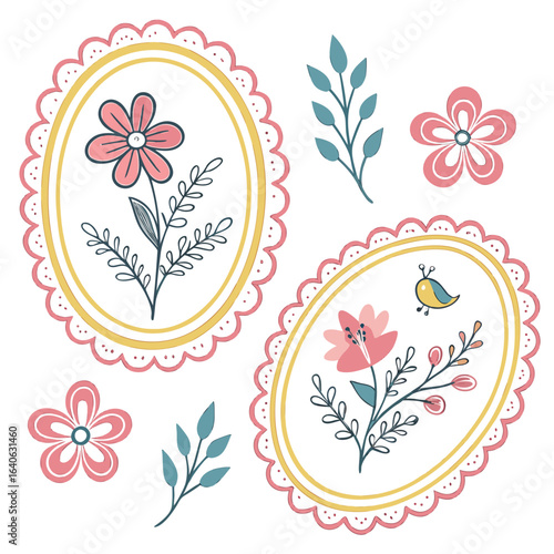 Charming Floral and Botanical Collection featuring Delicate Oval Frames and Playful Botanical Elements Depicted in a Whimsical Style