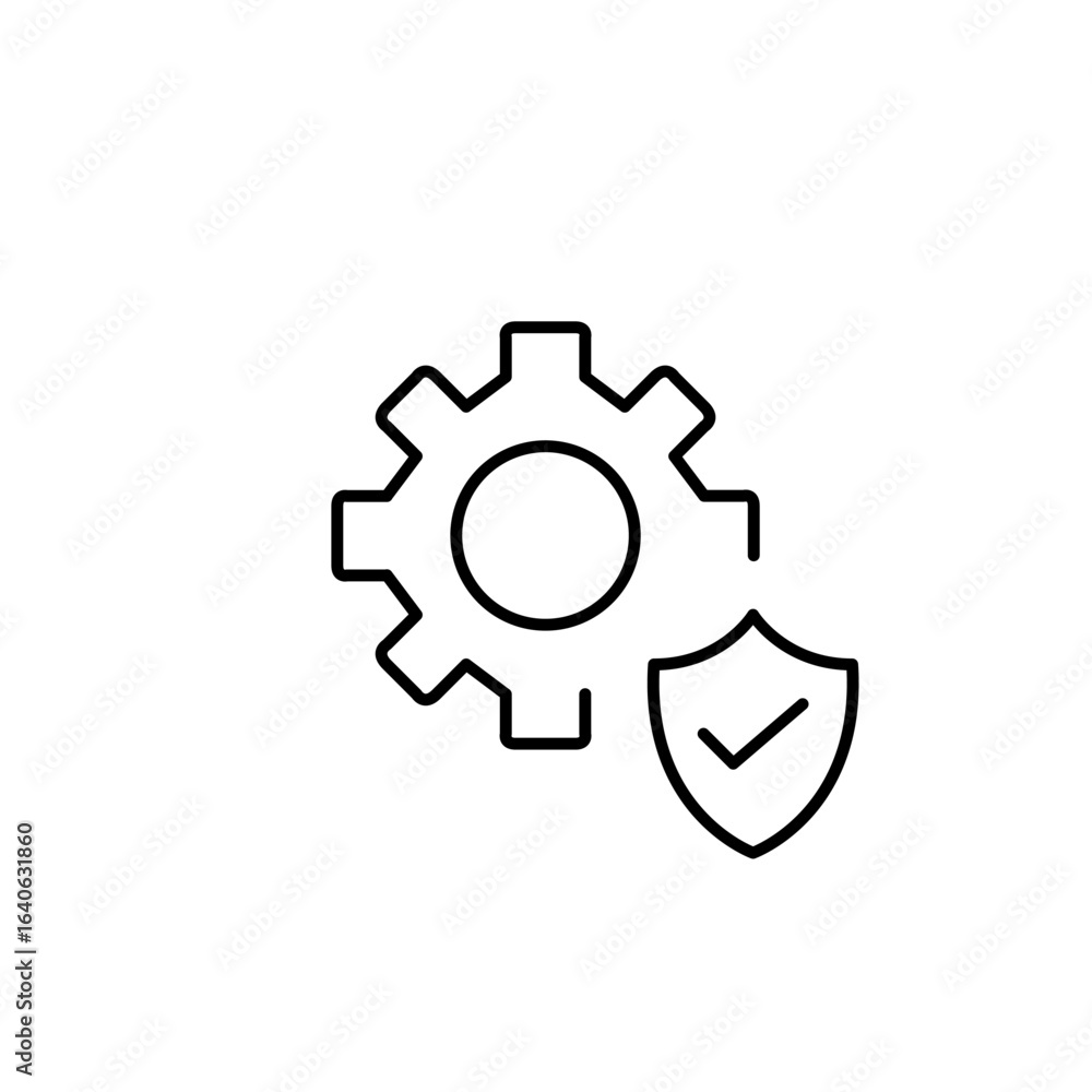 Obraz premium Cogwheel, shield and checkmark. Verified system settings, trusted configuration, secure operations, approved setup. Pixel perfect, editable stroke vector icon