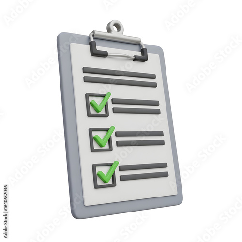 3D Clipboard Checklist with Green Checkmarks on Transparent Background for Business and Project Management