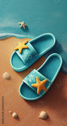Light blue beach sandals on sand with seashells and starfish