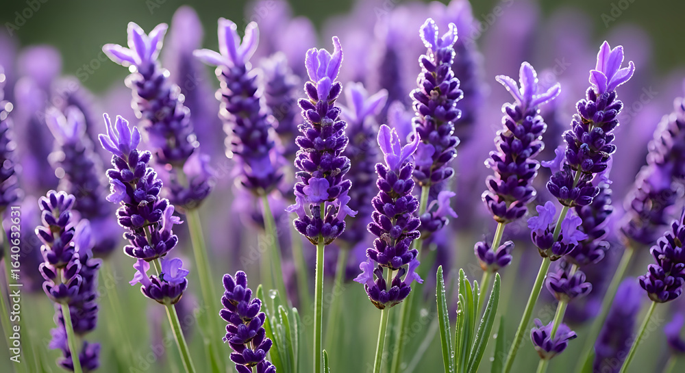 Obraz premium Captivating close-up of delicate purple lavender blossoms glistening with morning dew, evoking tranquility and natural beauty.